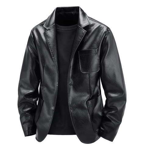 Men's Slim Fit PU Leather Jacket Casual Blazer Suit Lapel Collar Single Breasted Windproof Solid Color Spring Autumn Outwear