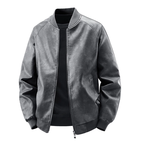Men's Casual PU Leather Jacket Fashion Urban Stand Collar Windproof Bomber Jacket Regular Fit Solid Color Spring Autumn Jacket Outwear
