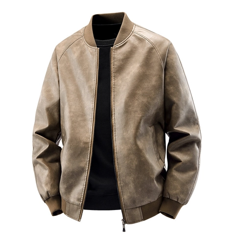 Men's Casual PU Leather Jacket Fashion Urban Stand Collar Windproof Bomber Jacket Regular Fit Solid Color Spring Autumn Jacket Outwear