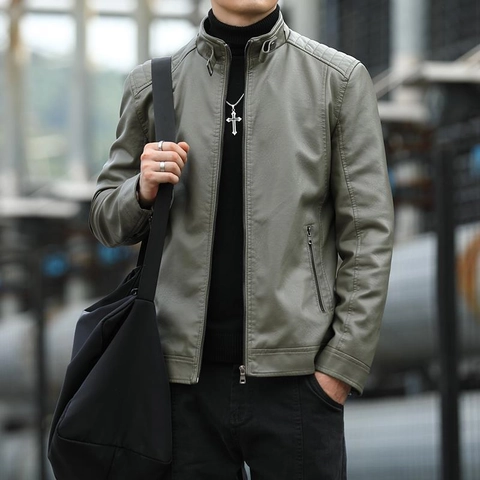 Herren Mode PU Lederjacke Moto Stil Stehkragen Schlanke Passform Herbst Casual Jacke Mit Fleece Gefüttert Winddicht Outdoor
