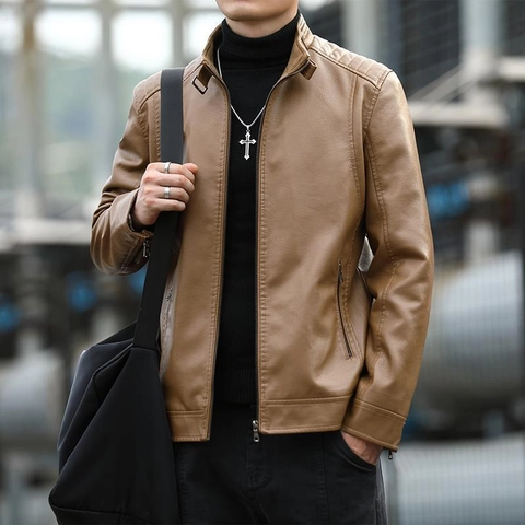Herren Mode PU Lederjacke Moto Stil Stehkragen Schlanke Passform Herbst Casual Jacke Mit Fleece Gefüttert Winddicht Outdoor