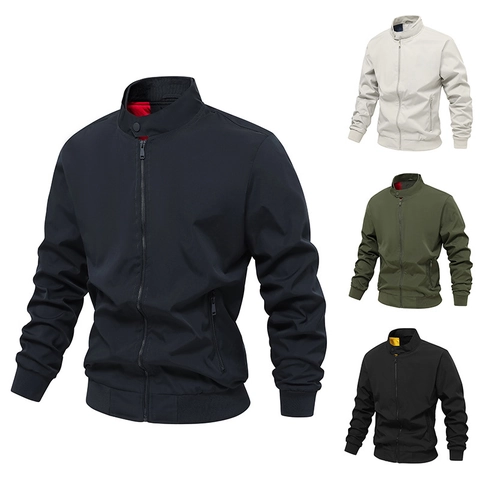 Men's Casual Bomber Jacket Stand Collar Windproof Polyester Zip Up Outerwear Solid Color Ribbed Trim Lightweight Coat