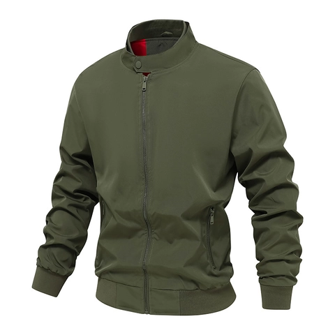 Men's Casual Bomber Jacket Stand Collar Windproof Polyester Zip Up Outerwear Solid Color Ribbed Trim Lightweight Coat