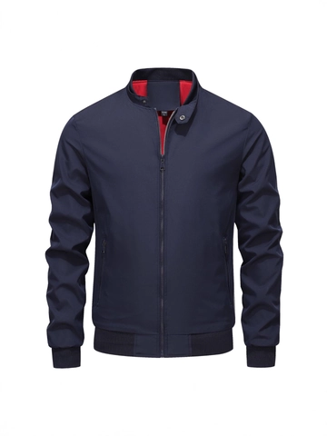Men's Casual Bomber Jacket Stand Collar Windproof Lightweight Zip Up Outwear Solid Color Fashion Coat With Ribbed Cuffs
