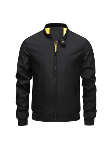 Men's Casual Bomber Jacket Stand Collar Windproof Lightweight Zip Up Outwear Solid Color Fashion Coat With Ribbed Cuffs