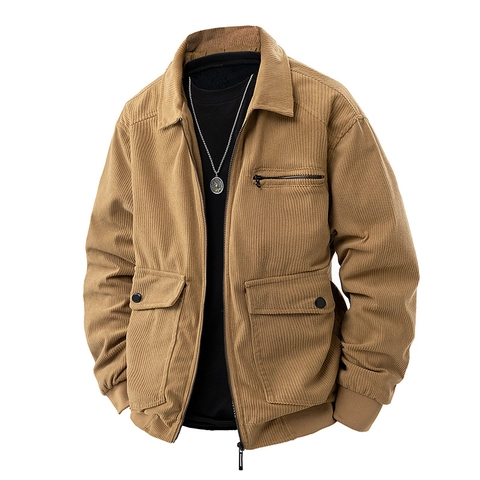 Men's Corduroy Jacket Vintage Workwear Lapel Collar Zip Up Outerwear Solid Color Casual Long Sleeve Coat Multiple Pockets