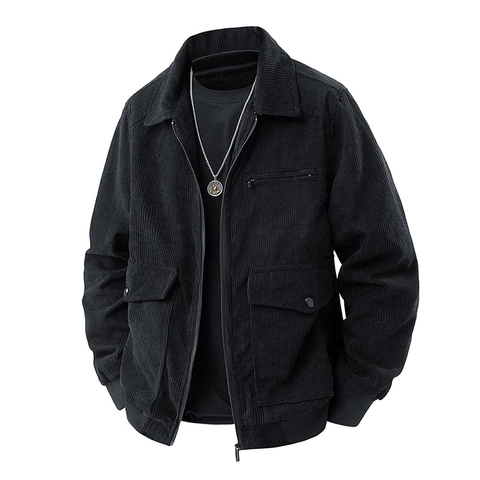 Men's Corduroy Jacket Vintage Workwear Lapel Collar Zip Up Outerwear Solid Color Casual Long Sleeve Coat Multiple Pockets