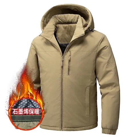 Men Hooded Graphene Warm Padded Jacket Windproof Casual Work Safari Jacket Winter Solid Color Zipper Outdoor Cotton Coat