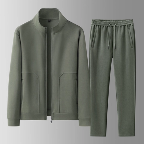 Survêtement Décontracté pour Hommes en Mélange de Coton Veste en Polaire et Pantalon Couleur Unie Ensemble Deux Pièces Automne