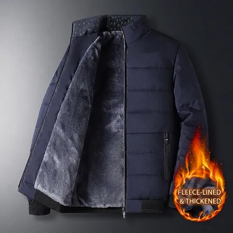 Men's Winter Fleece Lined Thickened Puffer Jacket Stand Collar Quilted Warm Padded Coat For Middle-Aged Father Adults