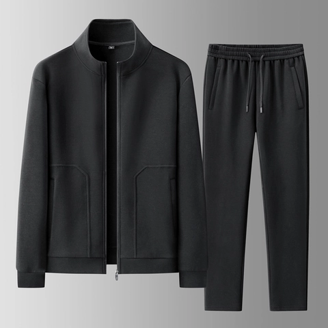 Survêtement Décontracté pour Hommes en Mélange de Coton Veste en Polaire et Pantalon Couleur Unie Ensemble Deux Pièces Automne