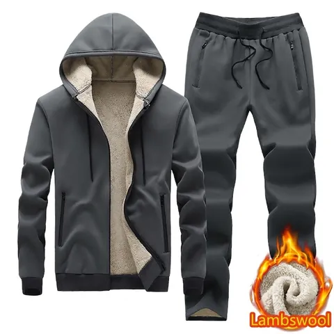 Survêtement Homme Doublé Polaire Sherpa Épaisse Ensemble Décontracté Sweat à Capuche Zippé Et Pantalon Hiver Chaud
