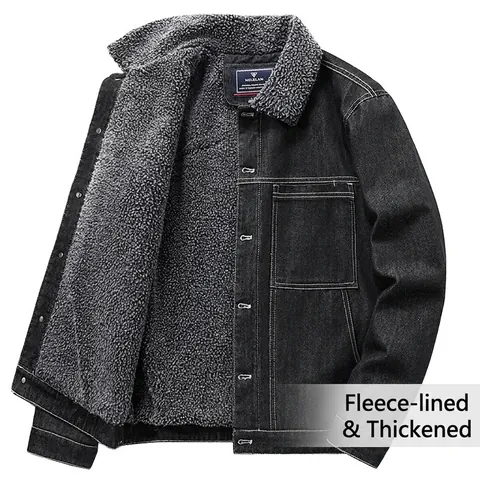Vintage Herren Denim Jacke Mit Lammfell-Imitat Gefütterter Dicker Fleece Denim Mantel Baumwolle Workwear Revers Knopfleiste