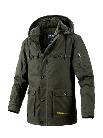 Herren Winter Workwear Parka Mit Kapuze Baumwolle Wattierte Jacke Verdicken Fleece Futter Mantel Mittellange Cargo Outwear