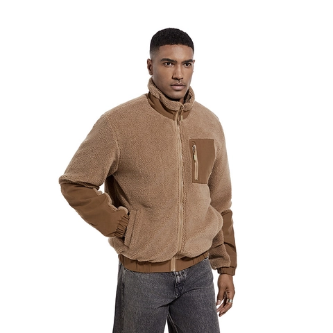 Men Lamb Velvet Fleece Jacket Stand Collar Outdoor Contrast Patchwork Sherpa Zip Up Coat Casual Warm Outerwear For Men