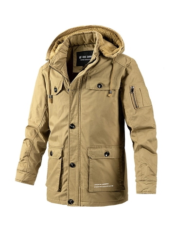 Herren Winter Workwear Parka Mit Kapuze Baumwolle Wattierte Jacke Verdicken Fleece Futter Mantel Mittellange Cargo Outwear