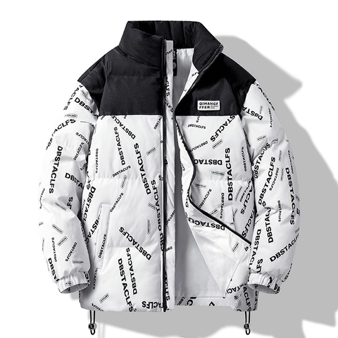 Men Stand Collar Puffer Jacket Color Block Letter Print Heavyweight Winter Coat Streetwear Outwear For Boys Casual Padded Jacket