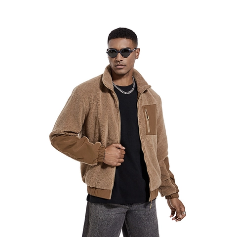 Men Lamb Velvet Fleece Jacket Stand Collar Outdoor Contrast Patchwork Sherpa Zip Up Coat Casual Warm Outerwear For Men
