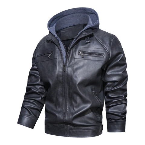 Veste à Capuche en Similicuir pour Hommes PU Manteau de Motard Casual Coupe-Vent Veste Automne Hiver pour Hommes