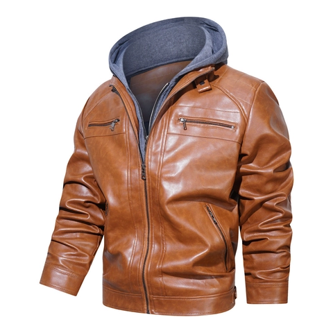 Veste à Capuche en Similicuir pour Hommes PU Manteau de Motard Casual Coupe-Vent Veste Automne Hiver pour Hommes