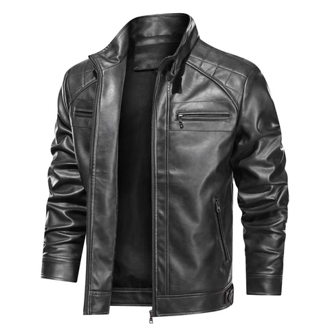 Herren Motorradjacke aus PU-Leder mit Stehkragen und gesteppten Schultern Slim Fit Lässige Oberbekleidung Winddichter Mantel