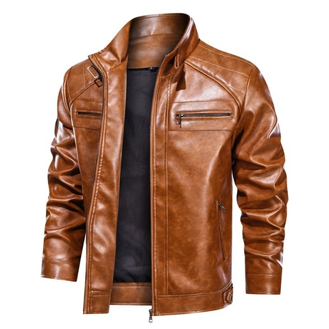 Herren Motorradjacke aus PU-Leder mit Stehkragen und gesteppten Schultern Slim Fit Lässige Oberbekleidung Winddichter Mantel