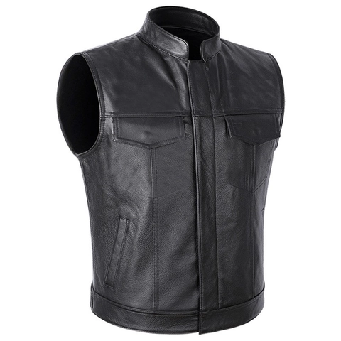 Men's Biker PU Leather Vest Casual Stand Collar Zipper Motorcycle Waistcoat With Multiple Pockets Retro Riding Outerwear For Daily Wear