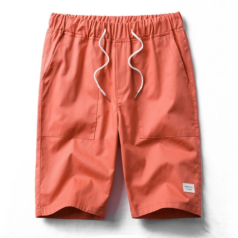 Men Casual Cotton Cargo Shorts Elastic Waist Drawstring Loose Summer Beach Half Pants With Pockets Solid Color Style