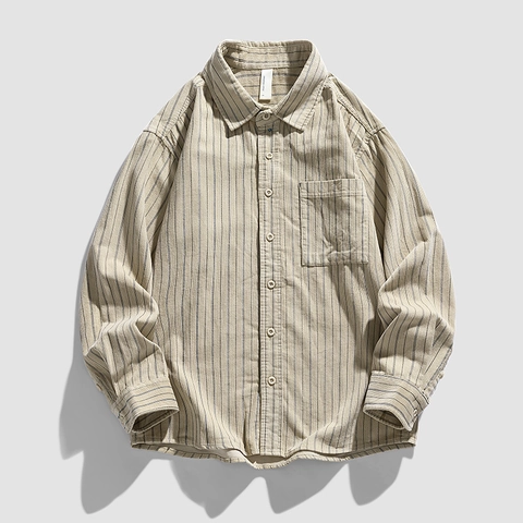 Herren Langarm Cord Gestreift Hemd Baumwolle Casual Workwear Top Umlegekragen Off-White Khaki Locker Geschnitten Kleidung