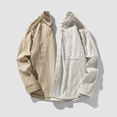 Herren Langarm Cord Gestreift Hemd Baumwolle Casual Workwear Top Umlegekragen Off-White Khaki Locker Geschnitten Kleidung
