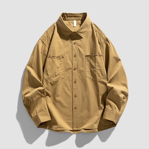 Herren Casual Langarmhemd 100% Baumwolle Ethno Stickerei Utility Workwear Top Lockere Passform Frühling Sommer Kleidung Für Männer