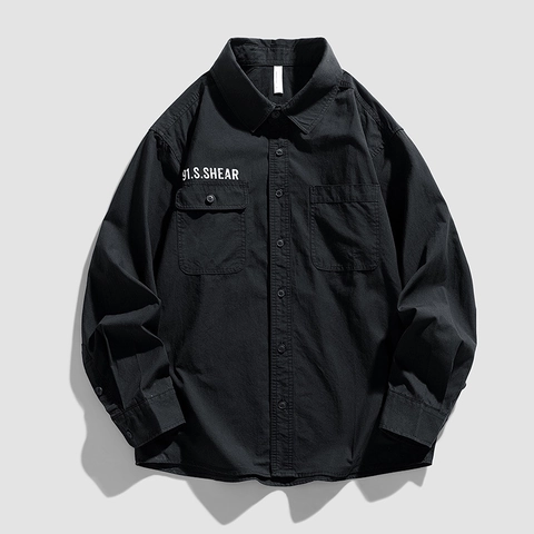 Camicia da Uomo in Cotone a Maniche Lunghe Stile Cargo Vestibilità Larga Casual Abbigliamento da Lavoro Doppie Tasche Stampata