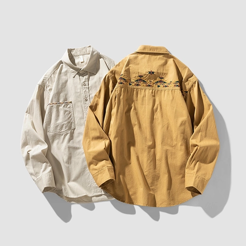 Herren Casual Langarmhemd 100% Baumwolle Ethno Stickerei Utility Workwear Top Lockere Passform Frühling Sommer Kleidung Für Männer