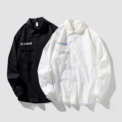 Camicia da Uomo in Cotone a Maniche Lunghe Stile Cargo Vestibilità Larga Casual Abbigliamento da Lavoro Doppie Tasche Stampata