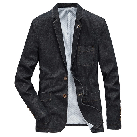 Men Casual Denim Blazer Jacket Cotton Blend Slim Fit Notched Lapel Two Button Suit Coat With Pockets Vintage Outerwear