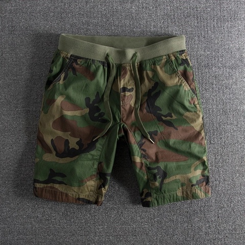 Pantalones Cortos Cargo Camuflaje Hombre Puro Algodón Cintura Elástica Lavado Cordón Casual Verano Trabajo Aire Libre