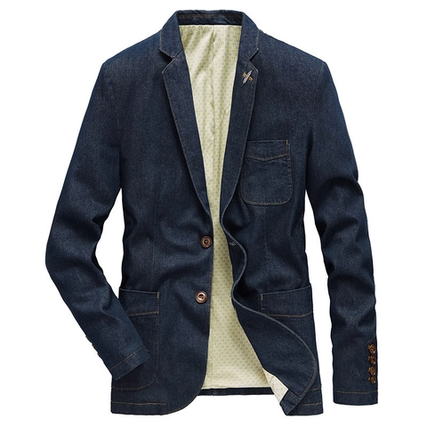 Men Casual Denim Blazer Jacket Cotton Blend Slim Fit Notched Lapel Two Button Suit Coat With Pockets Vintage Outerwear