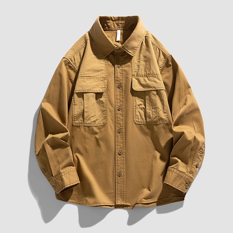 Heren Retro Workwear Lange Mouw Overhemd 100% Katoen Casual Button Down Top Dubbele Zakken Losse Pasvorm Effen Kleur Khaki Oversized Overhemd