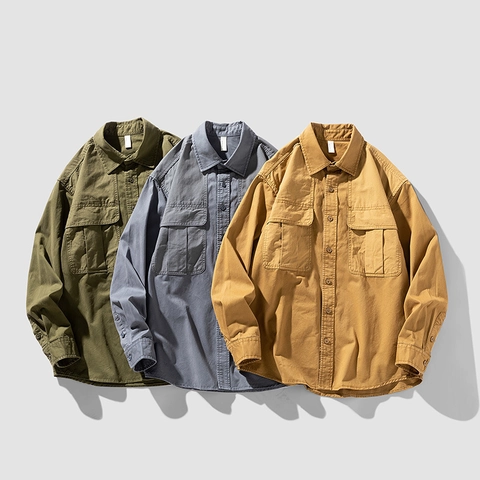 Heren Retro Workwear Lange Mouw Overhemd 100% Katoen Casual Button Down Top Dubbele Zakken Losse Pasvorm Effen Kleur Khaki Oversized Overhemd