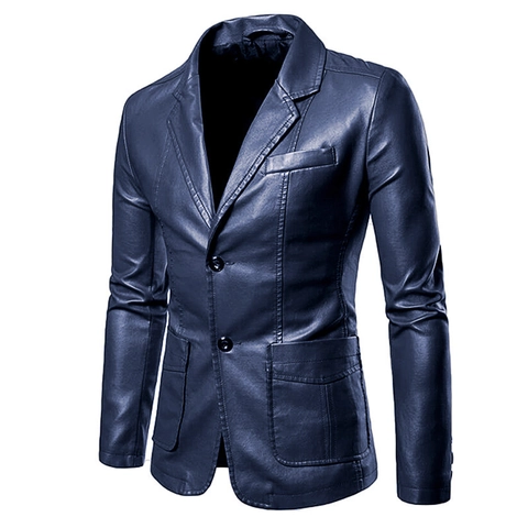Men's Slim Fit PU Leather Blazer Jacket Notched Lapel Two Button Casual Solid Color Business Outerwear Faux Leather Coat
