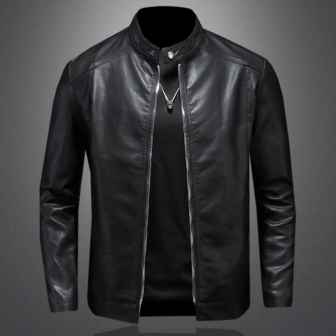 Chaqueta de Cuero PU para Hombre Ajustada con Cuello Mao Cremallera Casual Cuero Sintético Forro de Felpa Abrigo Invierno