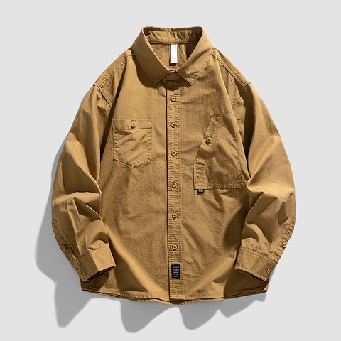 Herren Lässiges Cargo Langarmhemd Baumwolle Ripstop Workwear Top Mit Taschen Lockere Passform Einfarbiges Hemd Für Den Alltag