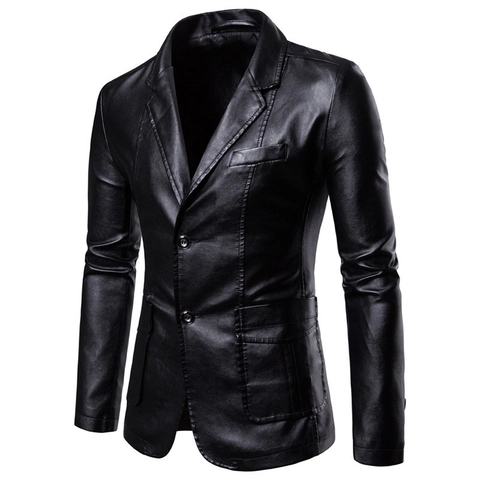 Men's Slim Fit PU Leather Blazer Jacket Notched Lapel Two Button Casual Solid Color Business Outerwear Faux Leather Coat