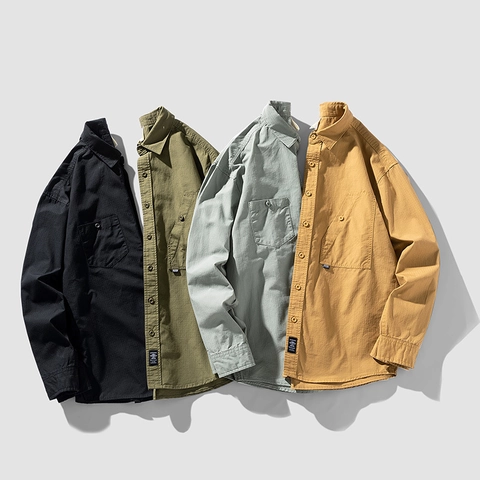 Herren Lässiges Cargo Langarmhemd Baumwolle Ripstop Workwear Top Mit Taschen Lockere Passform Einfarbiges Hemd Für Den Alltag