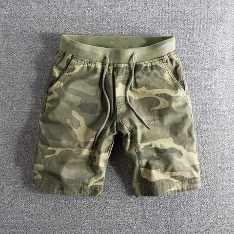 Men Camouflage Cotton Cargo Shorts Elastic Waist Drawstring Casual Outdoor Summer Breathable Straight Leg Short Pants