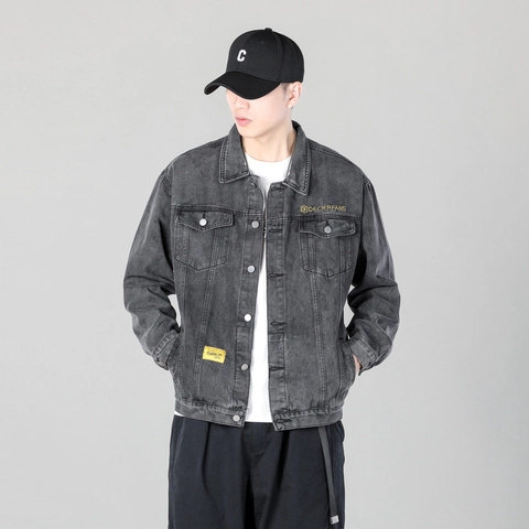 Herren Gewaschene Denimjacke Vintage Grau Streetwear Casual Workwear Oberbekleidung Mit Metallknöpfen Und Bestickung Für Den Alltag