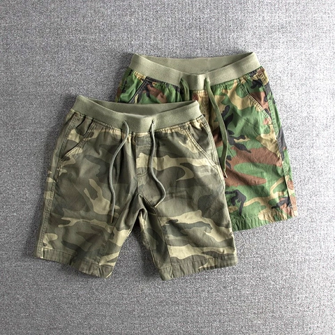Men Camouflage Cotton Cargo Shorts Elastic Waist Drawstring Casual Outdoor Summer Breathable Straight Leg Short Pants