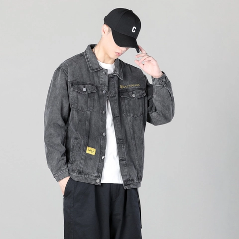Herren Gewaschene Denimjacke Vintage Grau Streetwear Casual Workwear Oberbekleidung Mit Metallknöpfen Und Bestickung Für Den Alltag