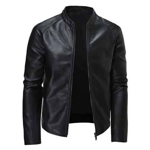Herren High Street Biker PU Lederjacke Stehkragen Slim Fit Bomber Oberbekleidung Schwarz Kunstleder Motorrad Reißverschluss Mantel
