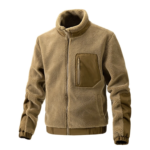 Chaqueta de Terciopelo de Cordero para Hombre Cuello Alto Forro Polar Casual Cálida Cremallera Ropa de Abrigo Color Sólido Moda Urbana